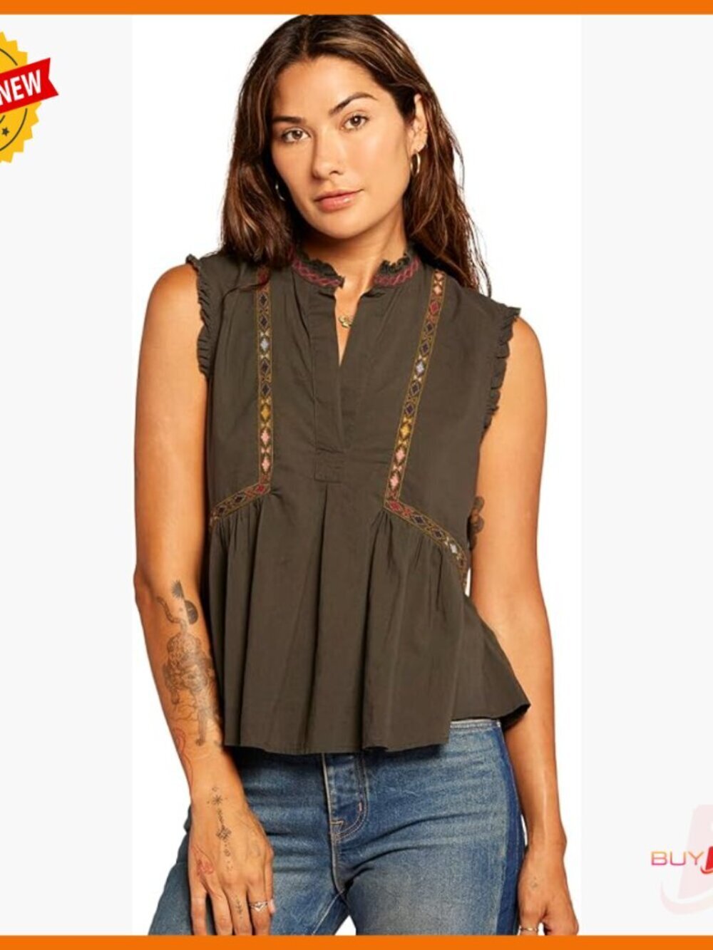 Sleeveless Cotton Voile Blouse with Ruffles and Embroidery, Relaxed Fit
